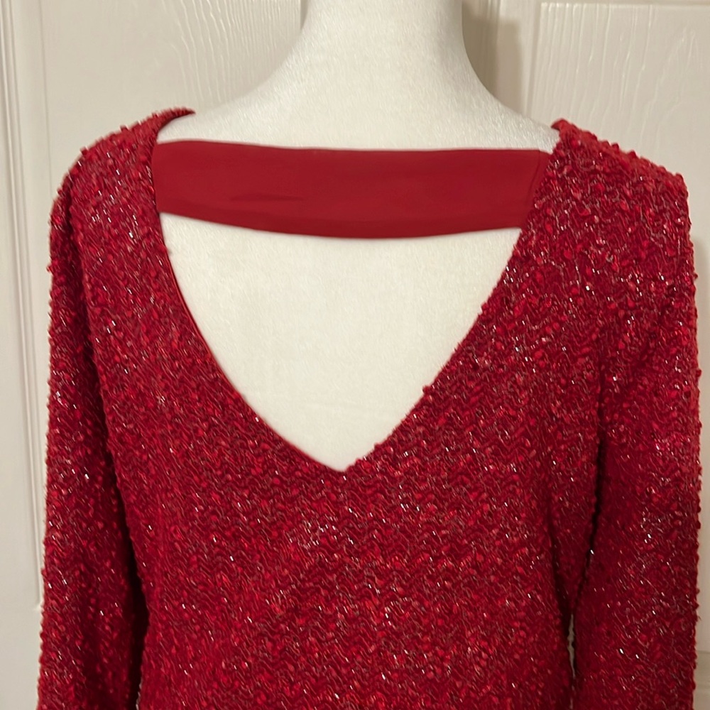 Jennifer Lopez knit lace sweater red with silver thread & sequins. V-back. Sz M - Picture 3 of 14